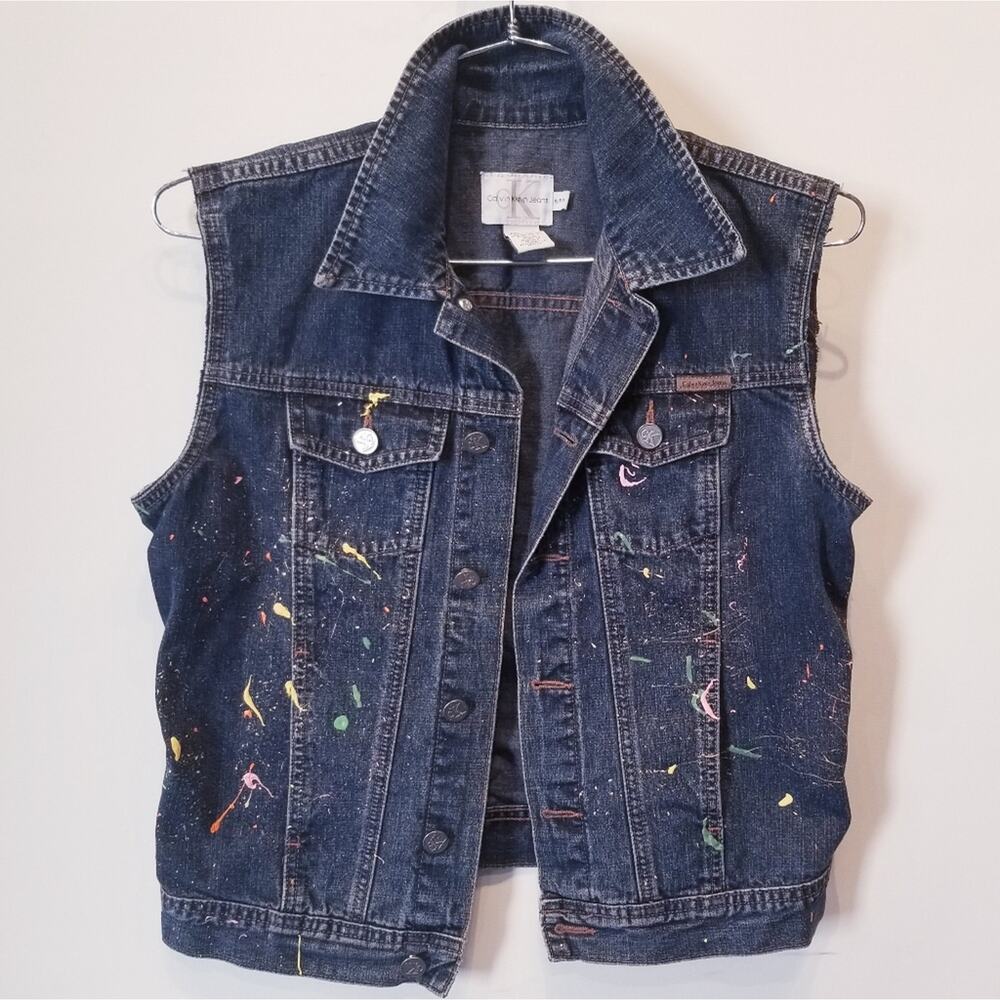 Calvin Klein Denim Vest Painted Comfortable Sleeveless Breathable Women's Size S